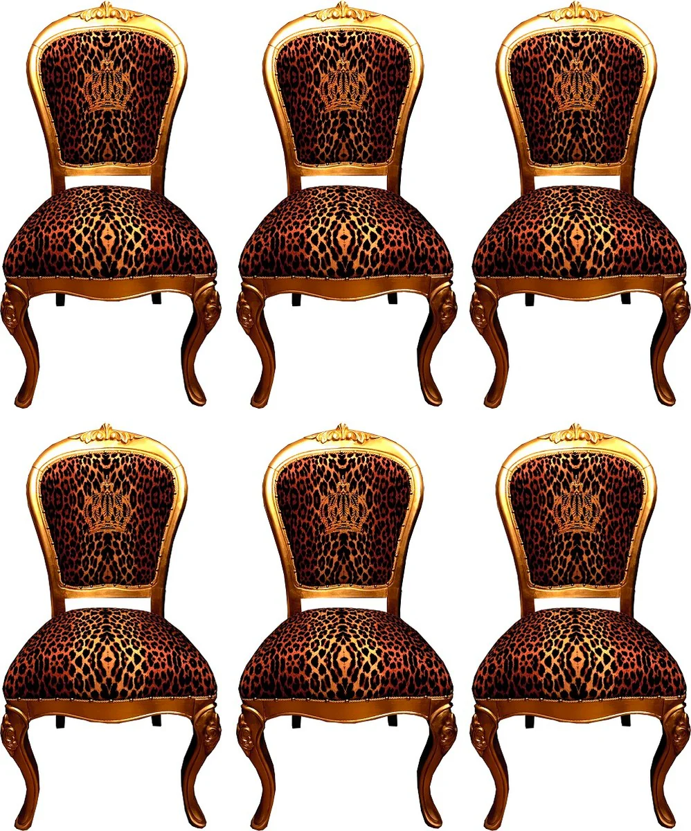 Pompöös by Luxury Baroque Dining Room Chairs Crown with Rhinestones Leopard / Gold - Dining Room Set - 6 Pompöös Baroque Chairs designed by Harald Glööckler