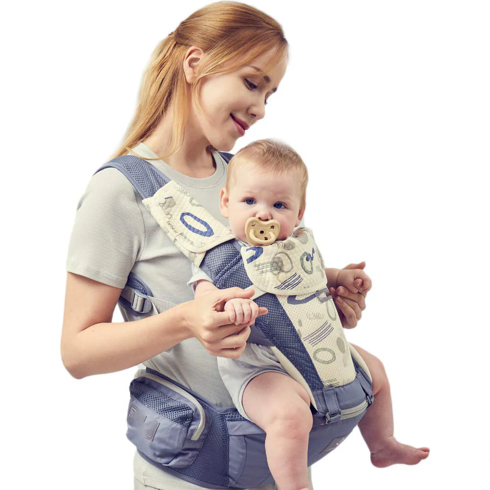 Babytrage für Neugeborene bis Kleinkinder, Baby-Hüfttrage mit Kopfhaube, Taillenverlängerung und 3 Beißpolstern (grau)