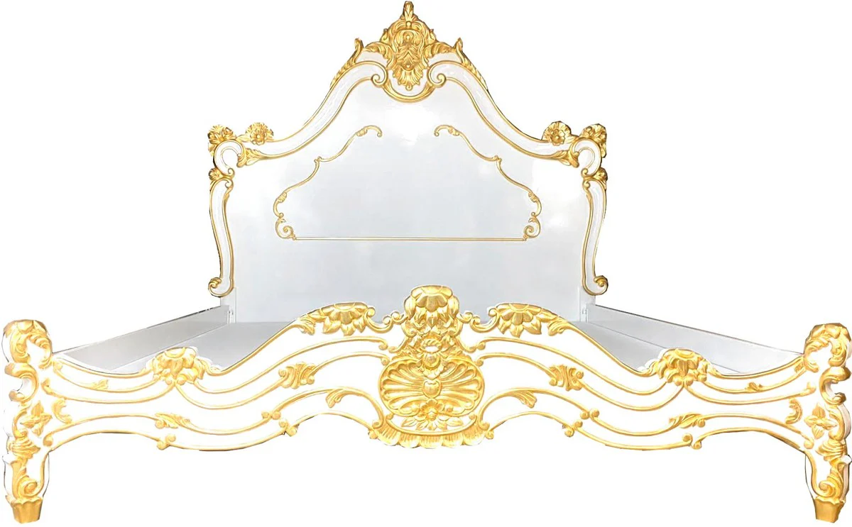 Luxury baroque double bed white / gold - noble solid wood bed with headboard - magnificent bedroom furniture in the baroque style