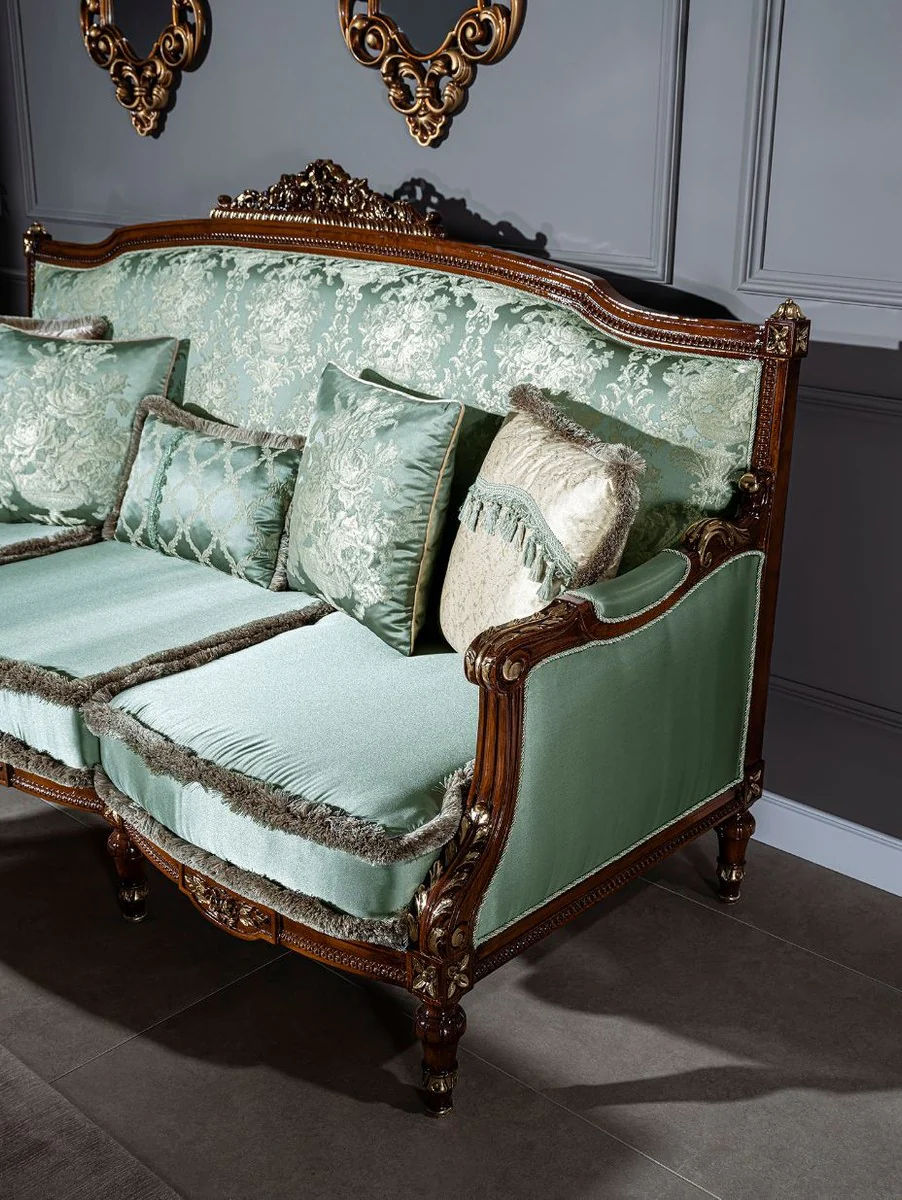 Luxury baroque sofa light green / brown 227 x 90 x H. 126 cm - living room sofa with decorative pillows - baroque furniture