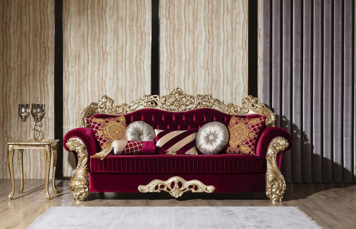 Luxury Baroque sofa Bordeaux red / gold 244 x 95 x H. 123 cm - Magnificent living room sofa with decorative pillows - Baroque living room furniture