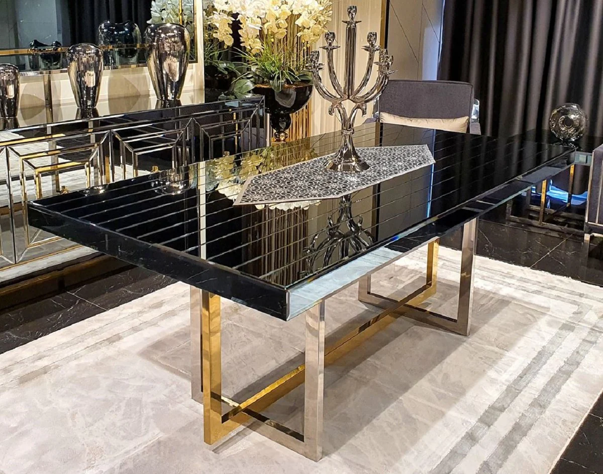 Luxury dining table silver / gold 200 x 100 x H. 77 cm - Mirrored kitchen table - Mirrored luxury dining room furniture