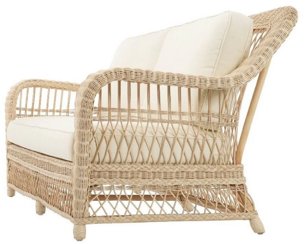 Luxury living room sofa with cushions natural / cream 202 x 99 x H. 97 cm - Upholstered couch with hand-woven rattan weave