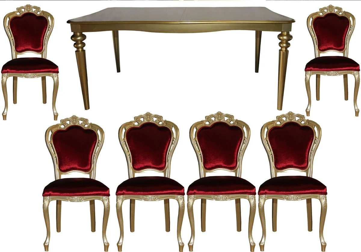 Baroque Luxury Dining Room Set Bordeaux/Gold - Dining Table + 6 Chairs - Furniture Antique Style - Luxury Quality - Limited Edition