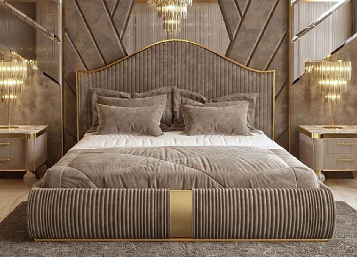 Luxury Art Deco double bed gray / gold - noble solid wood bed with headboard - Art Deco bedroom & hotel furniture - luxury collection