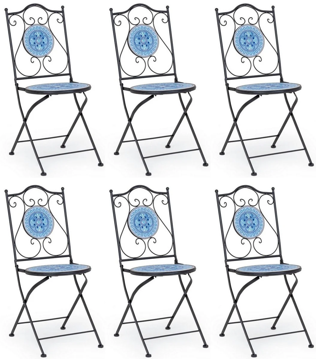 Art Nouveau garden chair set of 6 black / blue / white 39 x 47 x H. 92 cm - folding chairs with ceramic plates - nostalgic garden & catering furniture
