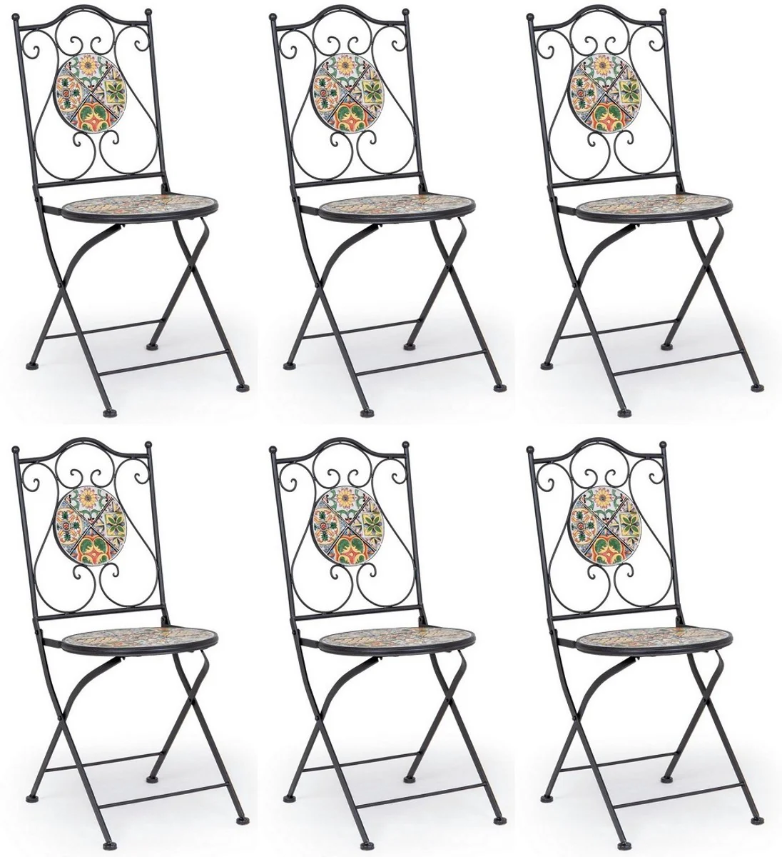 Art Nouveau garden chair set of 6 black / multicolored 39 x 47 x H. 92 cm - folding chairs with ceramic plates - nostalgic garden & catering furniture