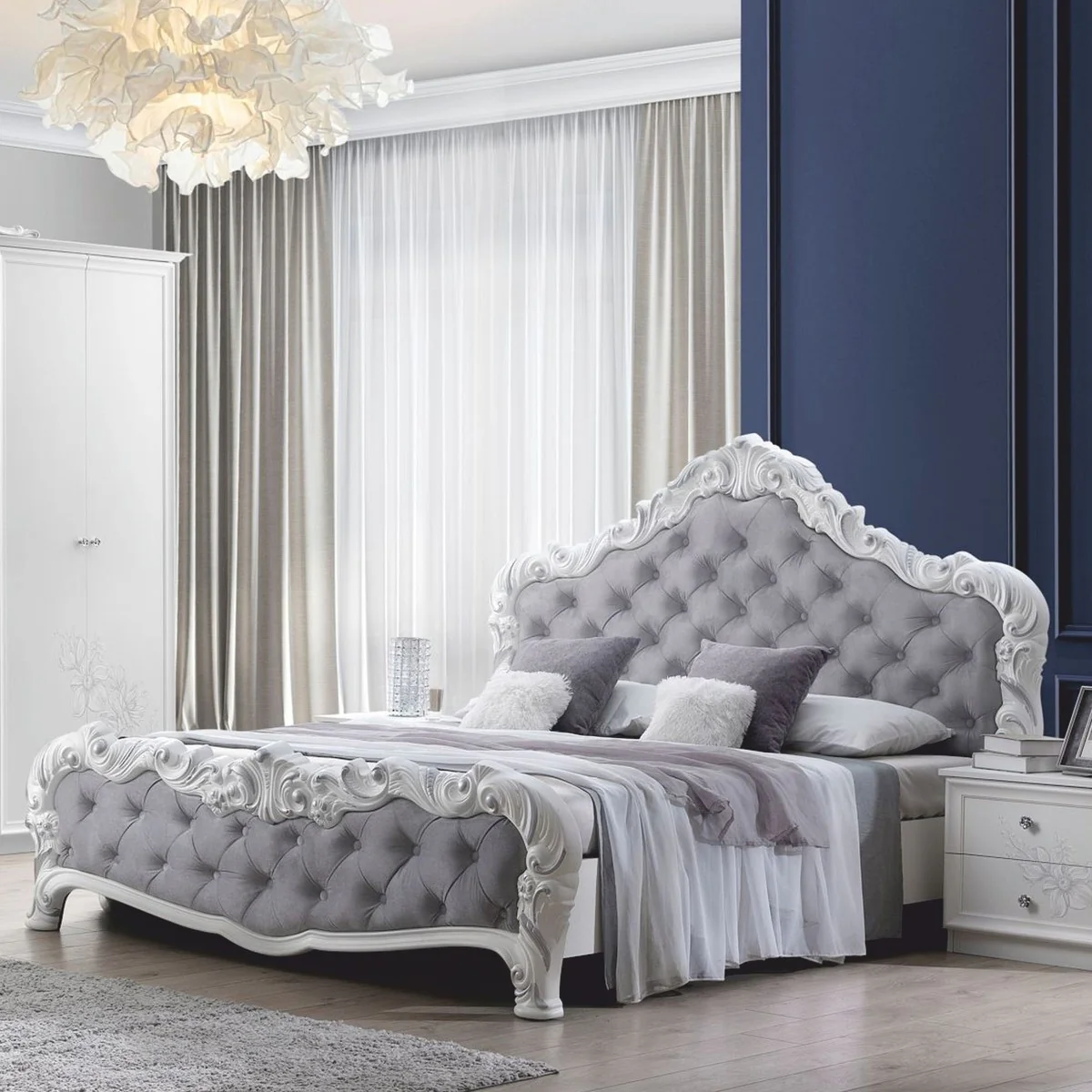 Luxury Baroque Double Bed Gray / White - Baroque Bedroom Furniture