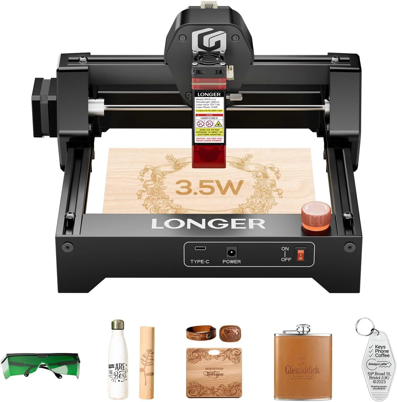 LONGER RAY5 Mini Laser Engraver, 12000mm/min High Speed ​​Cutter for Wood, Metal, Acrylic, Leather, DIY CNC, 140x130mm Engraving Area, WiFi, Emergency Stop Safety (3.5W)