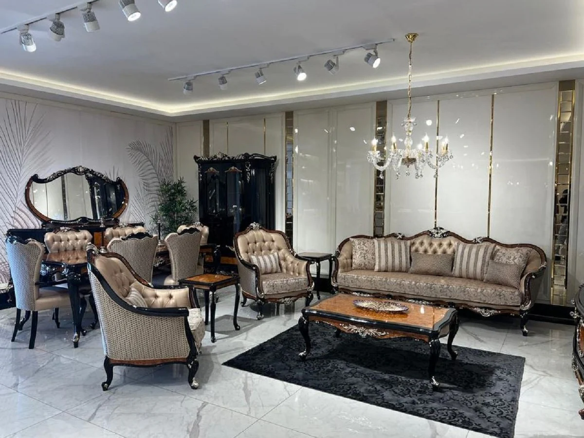 Luxury Baroque Living Room Sofa Gold / Brown / Black / Silver - Magnificent Baroque Style Sofa with Decorative Pillows - Luxury Living Room Furniture in Baroque Style - Baroque Furniture