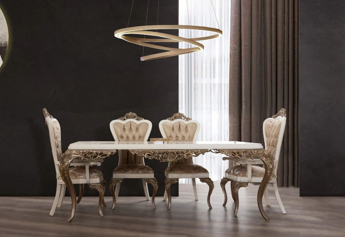 Luxury Baroque Dining Room Set White / Brown / Gold - 1 Dining Room Table & 6 Dining Chairs - Noble Baroque Dining Room Furniture - Noble & Magnificent