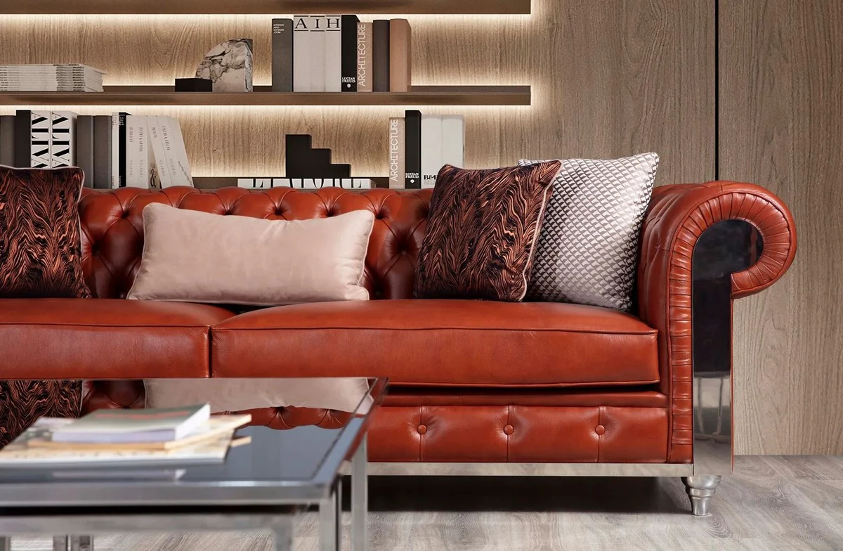 Luxury Chesterfield faux leather sofa brown / silver 270 x 100 x H. 70 cm - Living room sofa - Living room furniture - Chesterfield furniture - Luxury furniture - Luxury furnishings