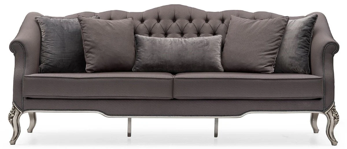 Luxury Baroque Living Room Sofa Gray / Silver - Handmade Baroque Style Sofa with Decorative Cushions - Baroque Furniture - Luxury Living Room Furniture in Baroque Style - Noble & Magnificent