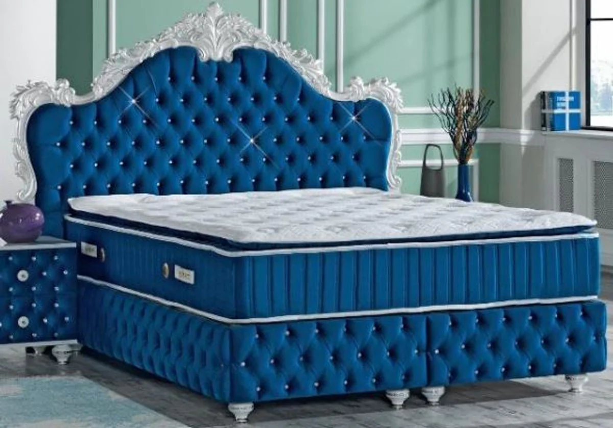 Baroque double bed royal blue / white - magnificent velvet bed with rhinestones and mattress - bedroom set in baroque style