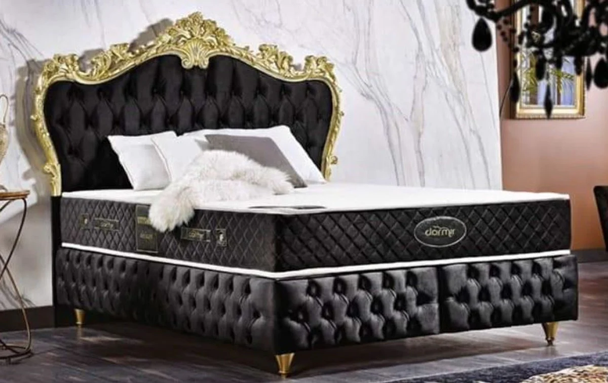 Baroque double bed black / gold - magnificent velvet bed with mattress - complete set - baroque bedroom furniture