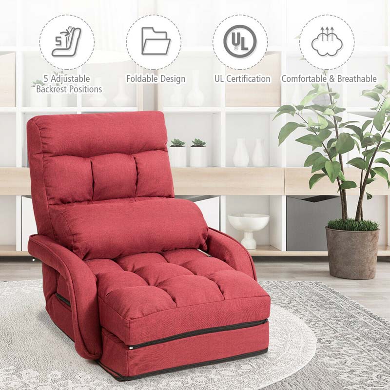 Foldable Massage Floor Chair Recliner, Single Lazy Sofa with Ergonomic Armrest, Adjustable 5 Backrest Position & Detachable Mat