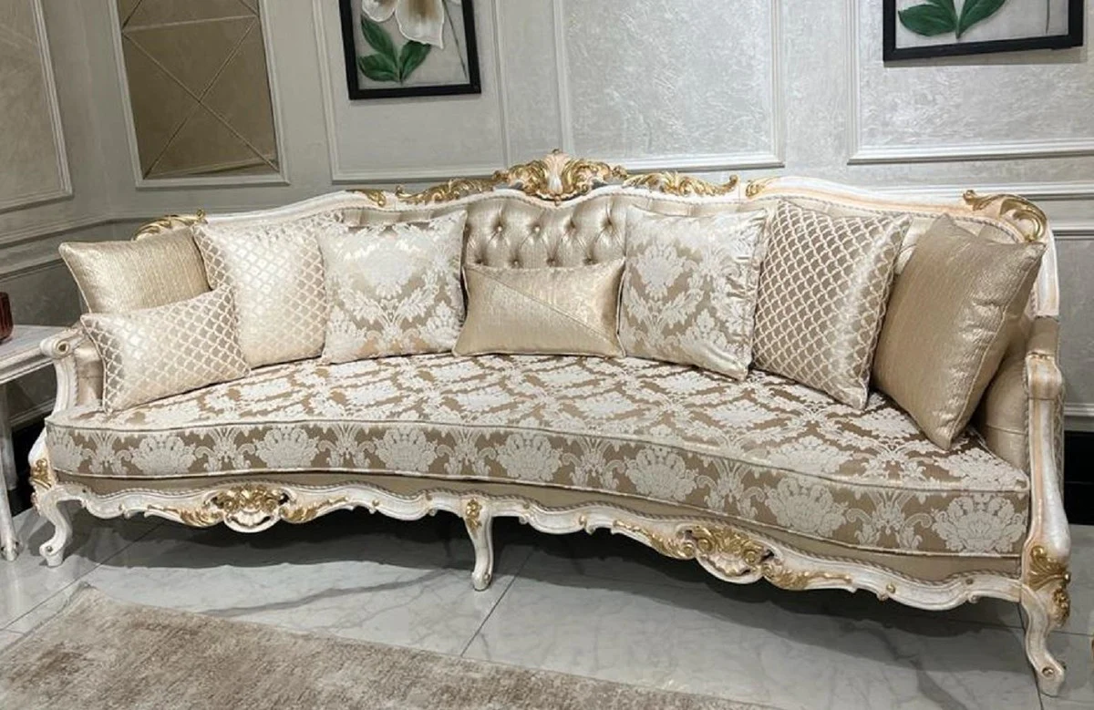 Luxury Baroque Sofa Gold / White / Gold - Handmade living room sofa with elegant pattern and decorative pillows - Living room furniture in baroque style