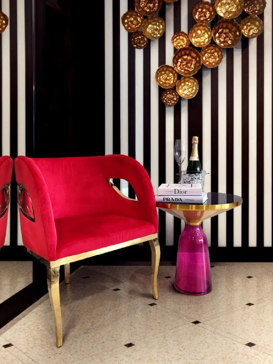 Luxury side table black / gold / purple Ø 50 x H. 53 cm - Round glass table - Living room furniture - Luxury furniture