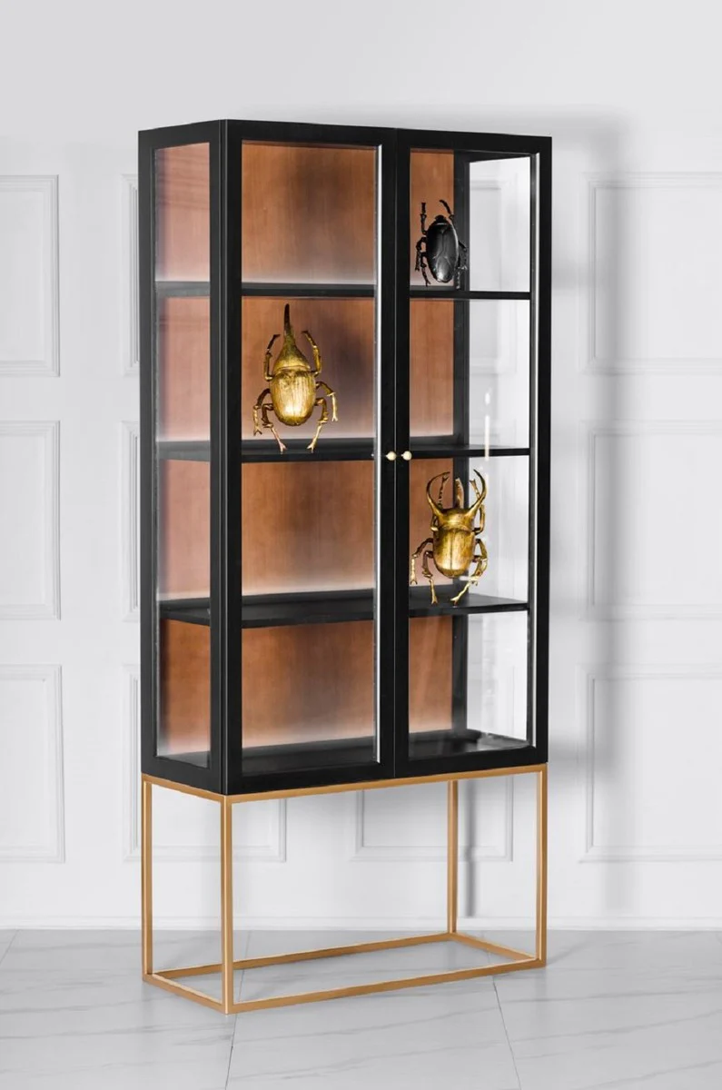 Luxury display cabinet with LED lighting matt black / brass / matt cognac 90 x 40 x H. 200 cm - illuminated solid wood display cabinet with 2 glass doors - living room furniture - luxury furniture