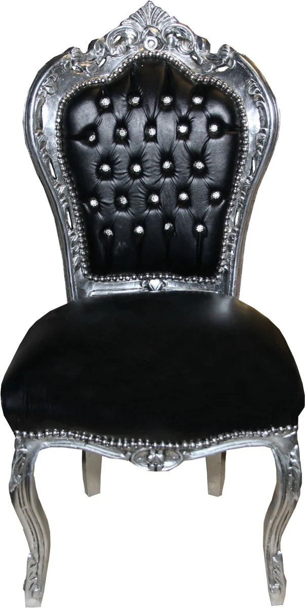 Baroque dining room chair black leather look / silver with bling bling glitter stones - Limited Edition
