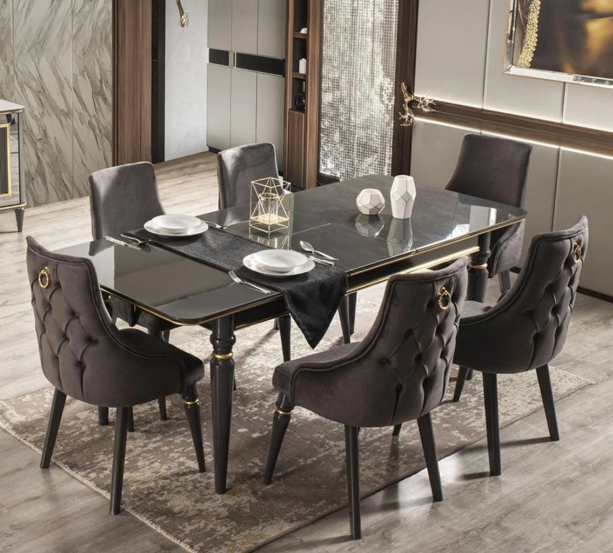 Luxury Art Deco dining room set gray / gold - 1 extendable dining room table & 6 dining room chairs - Art Deco dining room furniture - luxury quality