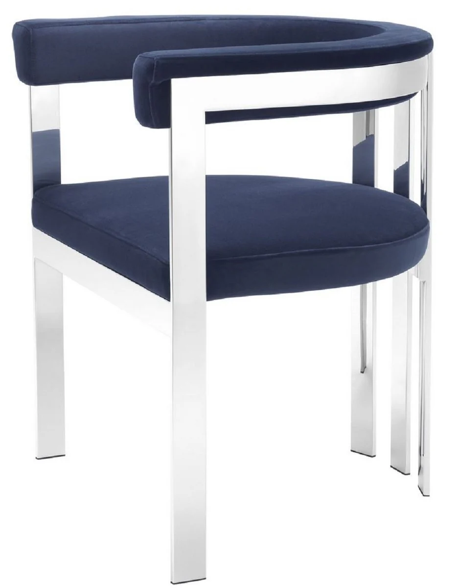 Luxury dining room chair with armrests midnight blue / silver 61 x 56 x H. 73 cm - stainless steel kitchen chair with elegant velvet fabric - luxury kitchen furniture