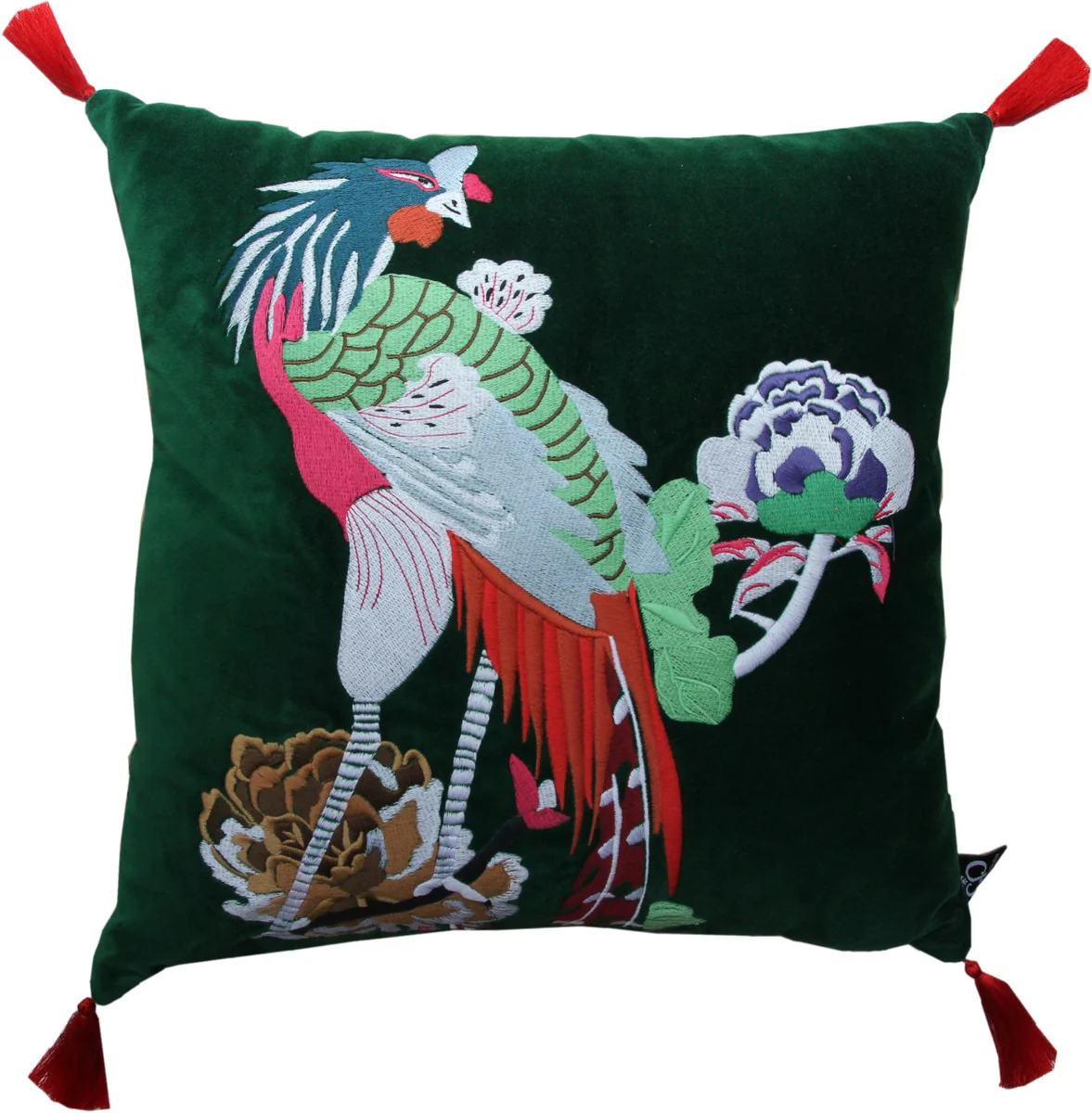 Luxus Deko Kissen mit Troddeln Bird Green / Red 45 x 45 cm - Feinster Samtstoff - Luxus Deko Accessoires