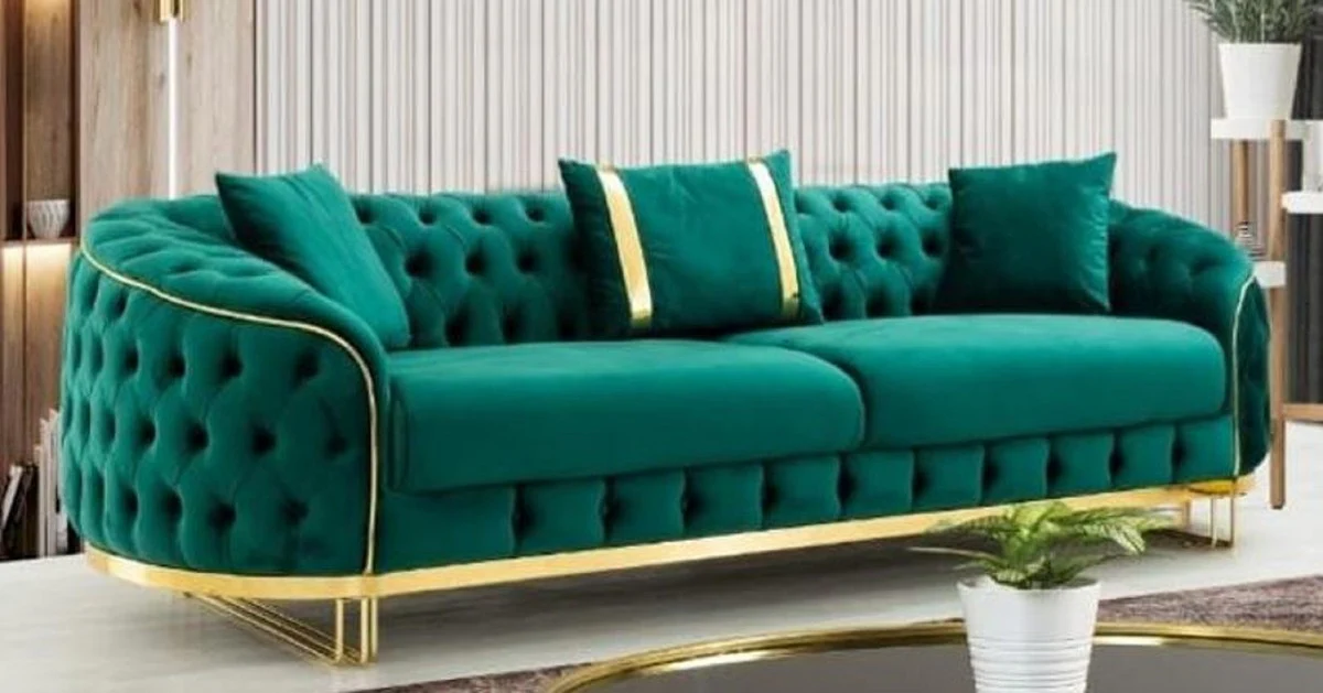 Luxury Chesterfield sofa green / gold 240 x 95 x H. 72 cm - Modern living room sofa - Chesterfield living room furniture