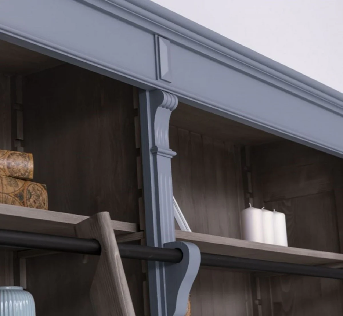 Country house style bookcase with ladder light blue / gray 223 x 51 x H. 228 cm - solid wood cupboard - living room cupboard - shelf cupboard - office cupboard - country house style furniture