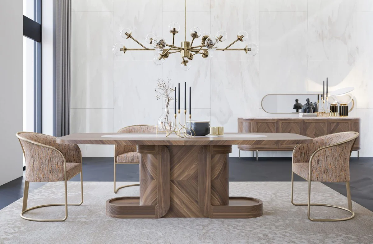 Luxury dining table brown / beige 240 x 100 x H. 80 cm - Solid wood dining room table with marble top - Dining room furniture - Luxury furniture - Luxury dining room furnishings