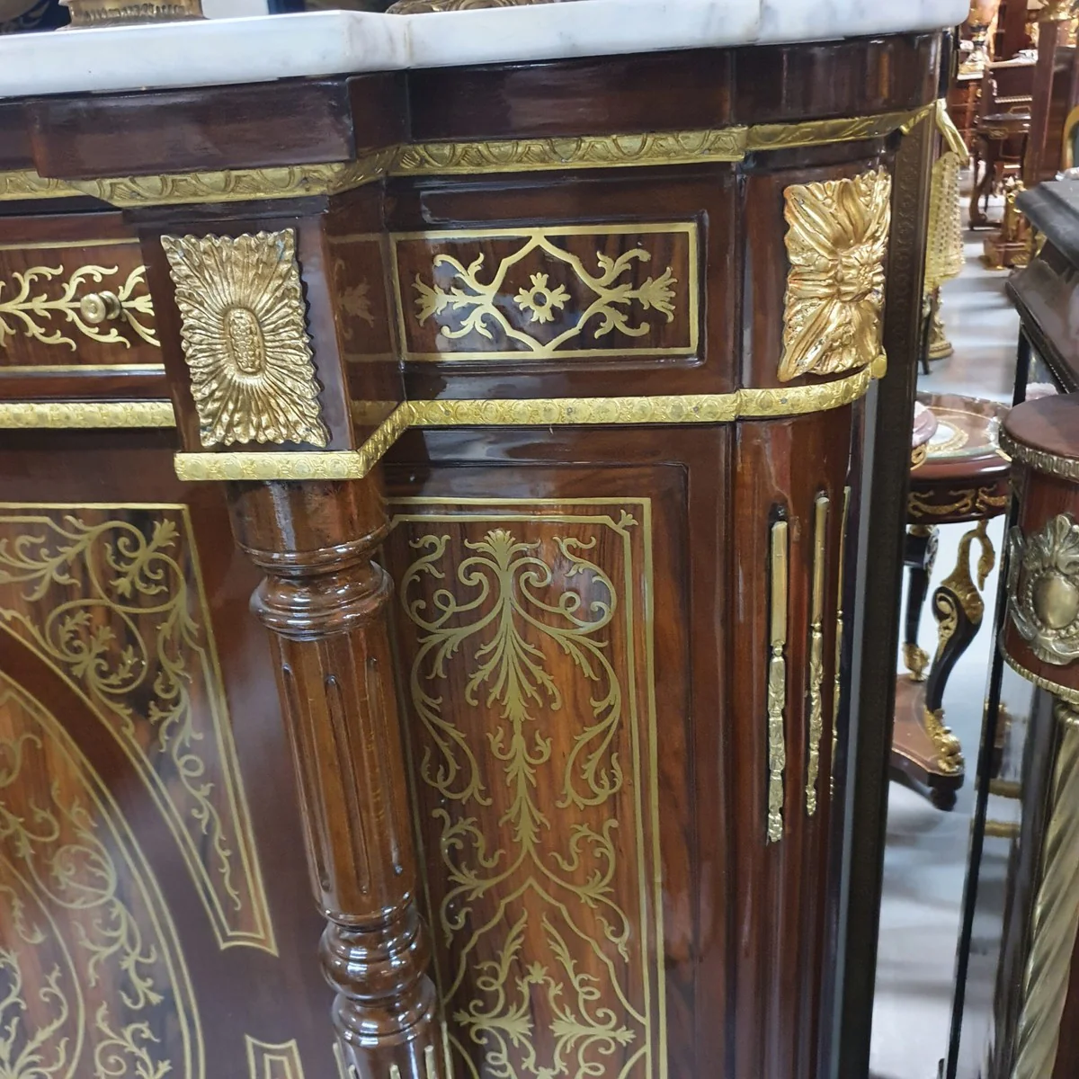 Baroque Boulle chest of drawers brown / gold with white marble top 130 cm - furniture cabinet sideboard