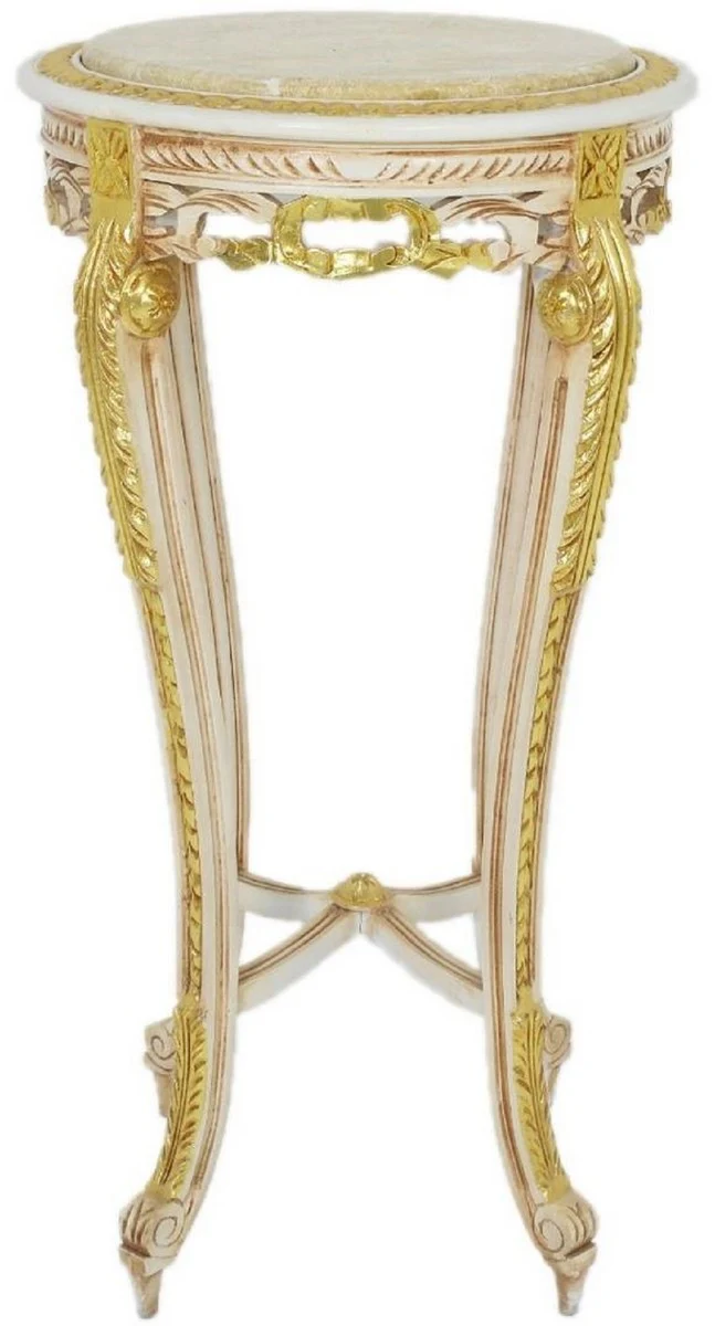 Baroque side table with marble top white / beige / gold / cream Ø 40 x H. 90 cm - Round antique style table - Baroque living room furniture
