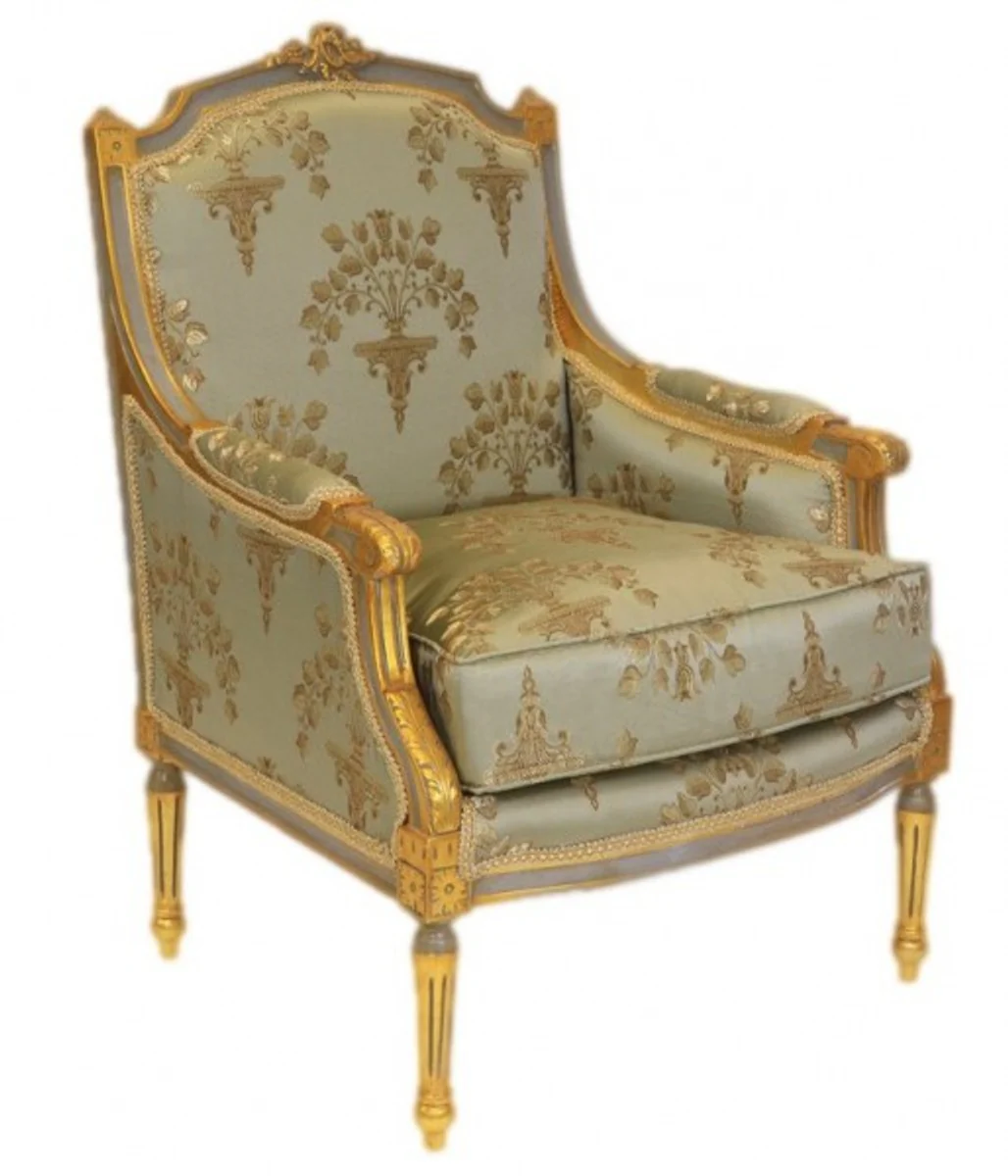 Barock Lounge Thron Sessel Empire Jadegrün Muster / Gold - Ohren Sessel - Ohrensessel Tron Stuhl