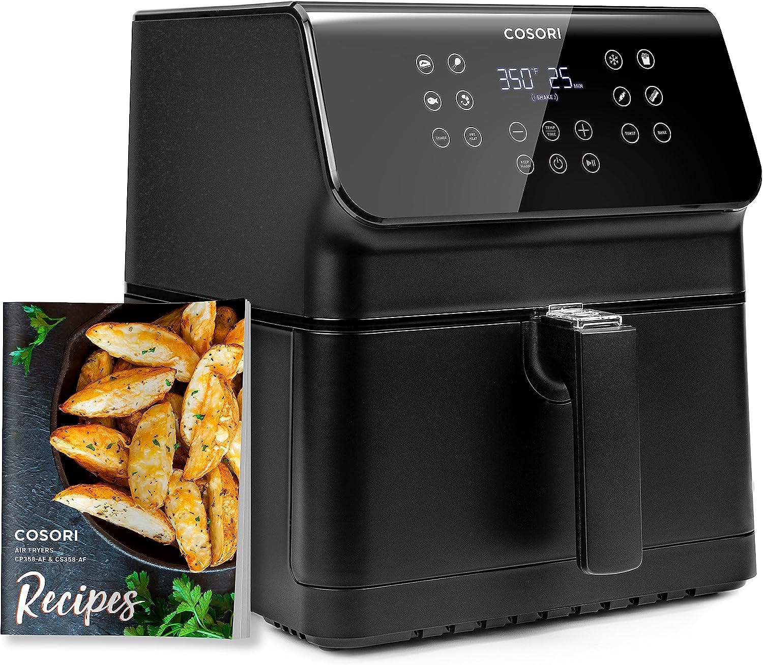 COSORI Pro II Air Fryer Backofen Combo, 5.8QT Großherd mit 12 Ein-Touch Savable Custom Functions, Kochbuch und Online Rezepte, Antihaft und Geschirrspüler-Safe Detachable Square Basket, Schwarz, CP358-AF