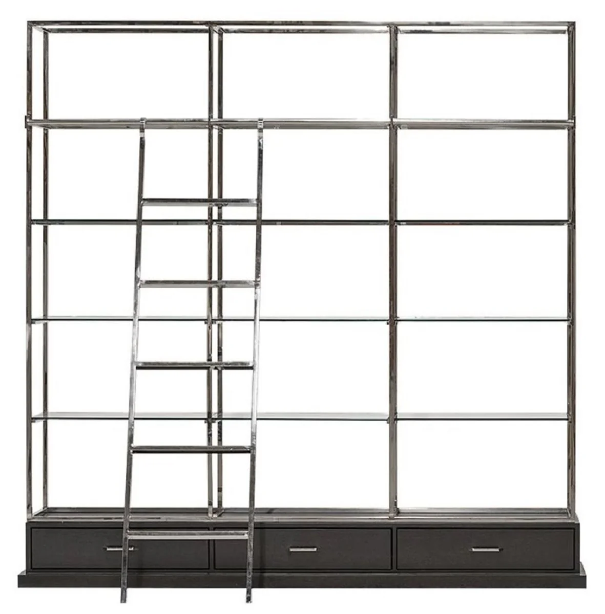 Regalschrank mit Leiter Silber / Schwarz 220 x 45 x H. 240 cm - Bücherschrank - Wohnzimmer Schrank - Büro Schrank - Wohnzimmer Möbel - Büro Möbel - Luxus Möbel