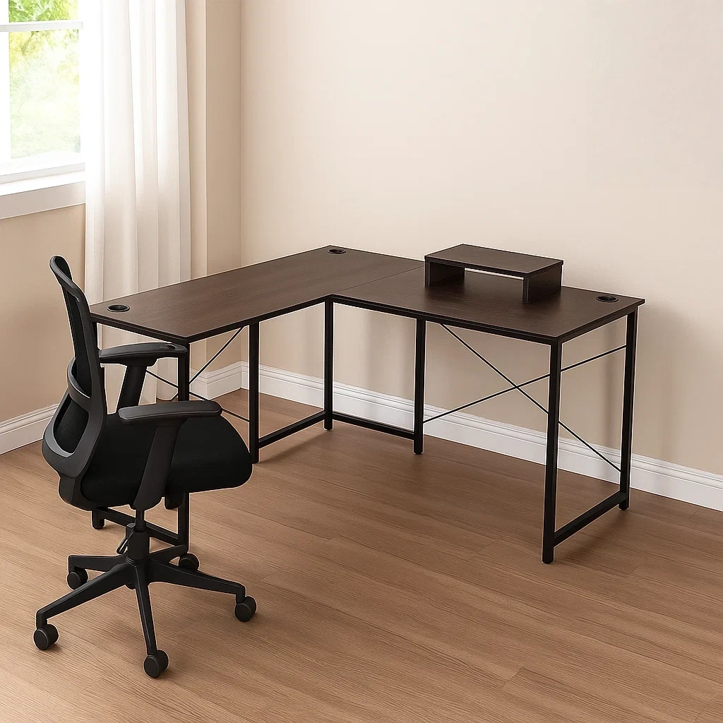 L-förmiger Computertisch aus Spanplatte und Metall, braun und schwarz, mit Monitorständer und Kabelmanagement, stabile Konstruktion mit X-Verstrebungen, 150 x 150 x 75 cm, geeignet für Büro oder Arbeitsecke – 1xmUeek0X6P1