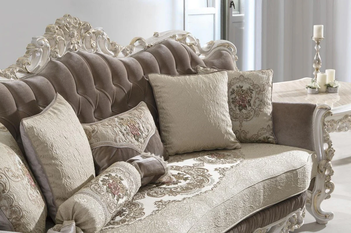 Luxury baroque living room sofa with decorative pillows brown / beige / white / gold 240 x 90 x H. 120 cm - Noble baroque living room furniture