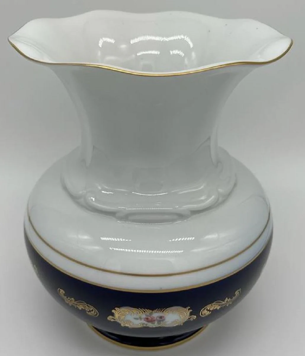 Luxus Barock Porzellan Vase Weiß / Dunkelblau / Gold H. 23 cm - Runde Blumenvase im Barockstil - Luxus Barock Accessoires - Reichenbach Porzellan - Luxus Qualität - Made in Germany