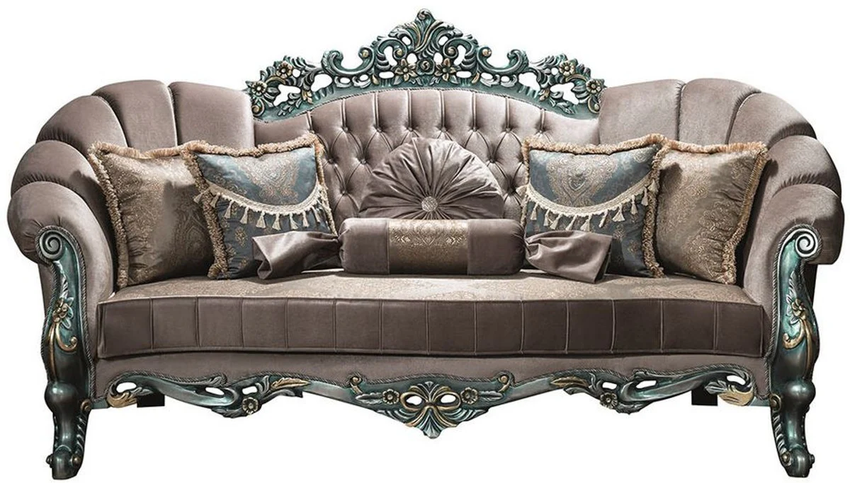 Luxury baroque velvet sofa gray / green / gold 225 x 95 x H. 115 cm - magnificent living room sofa with rhinestones and decorative cushions