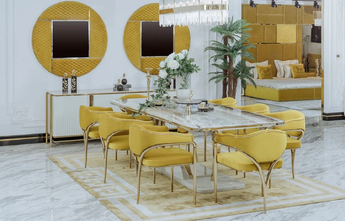 Luxury dining room chair set with armrests yellow / gold 60 x 59.8 x H. 80 cm - kitchen chairs set of 8 - dining room furniture - restaurant furniture - luxury furniture - luxury furnishings