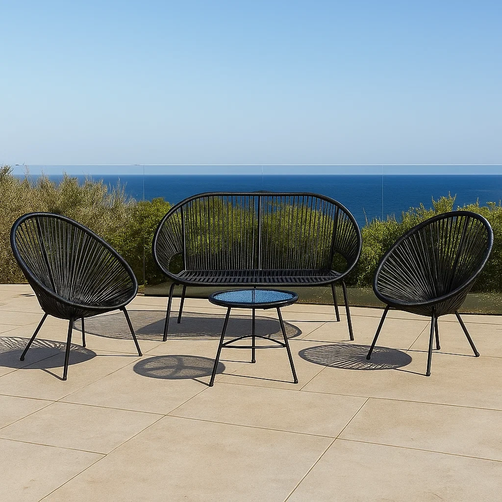 Gartenmöbel-Set, bestehend aus 1 Sofa, 2 Stühlen und 1 Tisch, aus Stahl und synthetischem Rattan, schwarz, für den Außenbereich, Sofa 120 x 70 x 70 cm, Stühle 70 x 70 x 70 cm, Tisch 60 x 45 cm (Durchmesser) - 1ARDSYgSR5lu