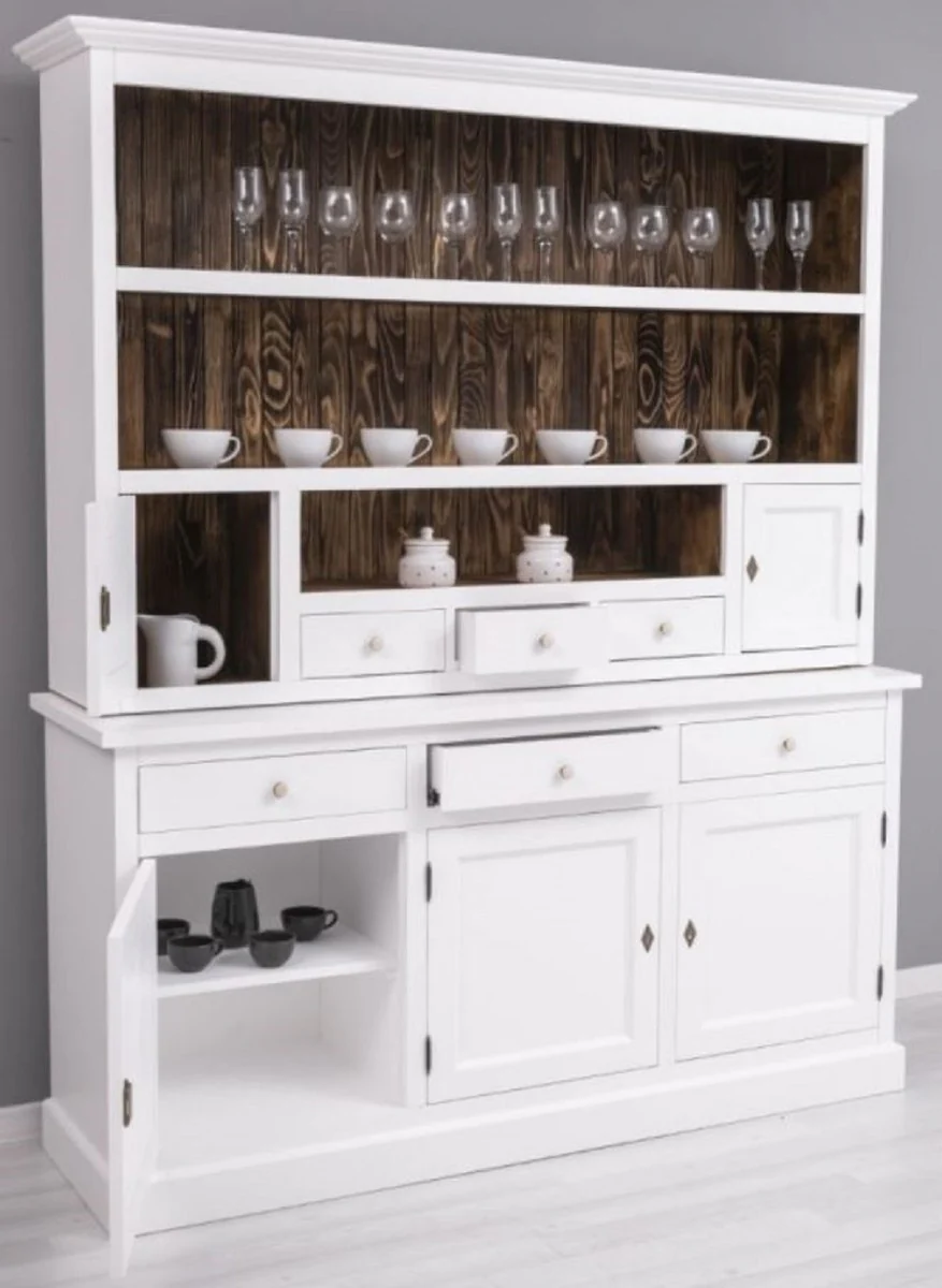 Country house style dining room cabinet white / dark brown 179 x 50 x H. 210 cm - solid wood kitchen cabinet - dining room furniture in country house style - country house style dining room furnishings