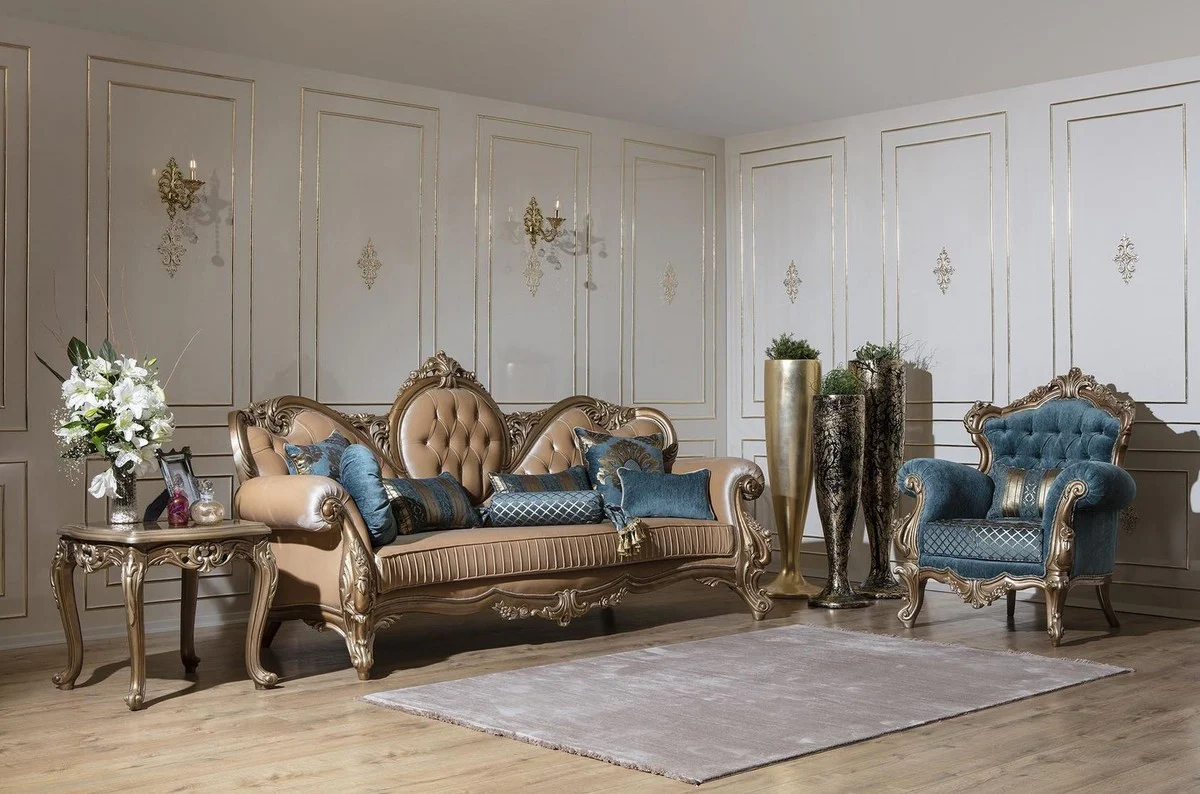 Luxury Baroque sofa brown / gold 260 x 90 x H. 125 cm - Magnificent living room sofa with decorative pillows - Baroque furniture