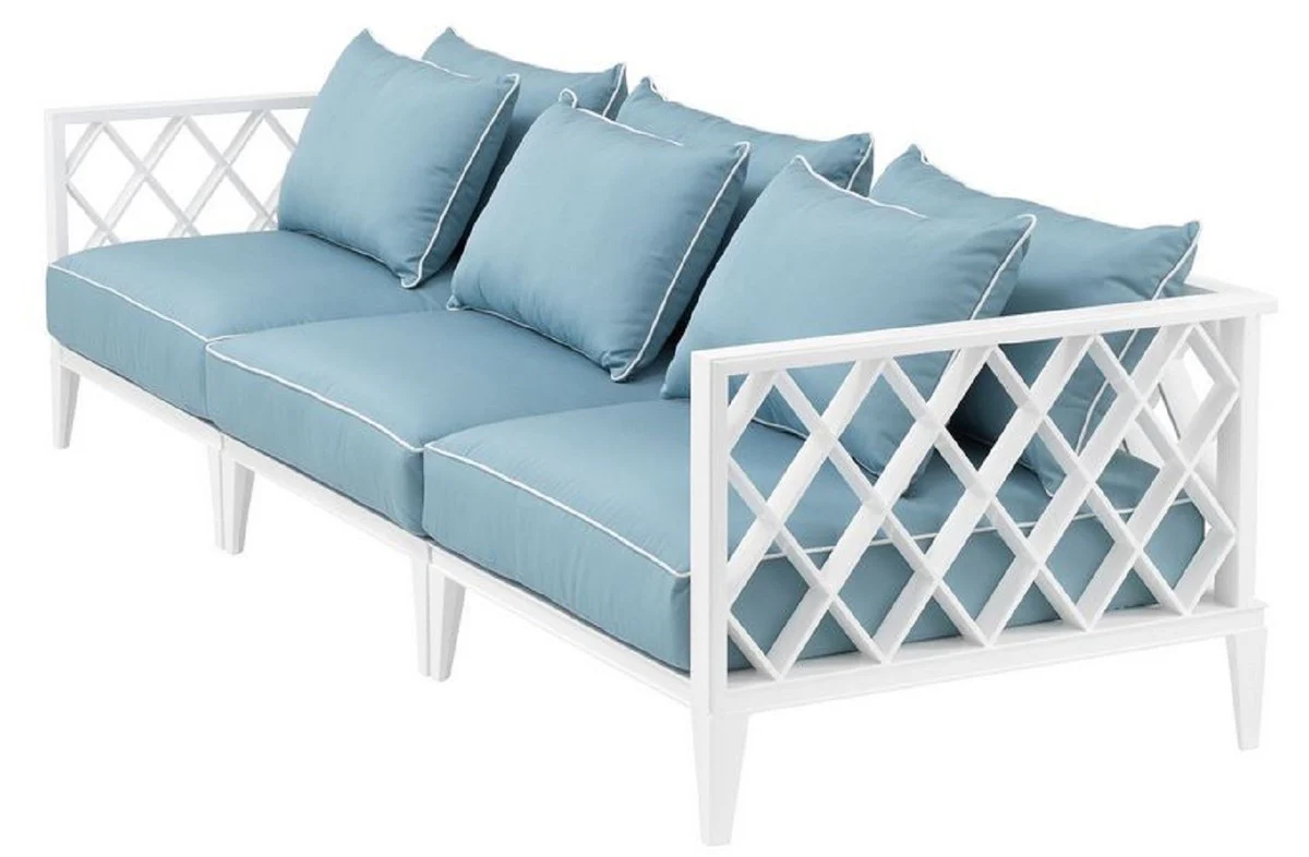 Luxury living room sofa with cushions white / light blue 275.5 x 93 x H. 69 cm - living room furniture