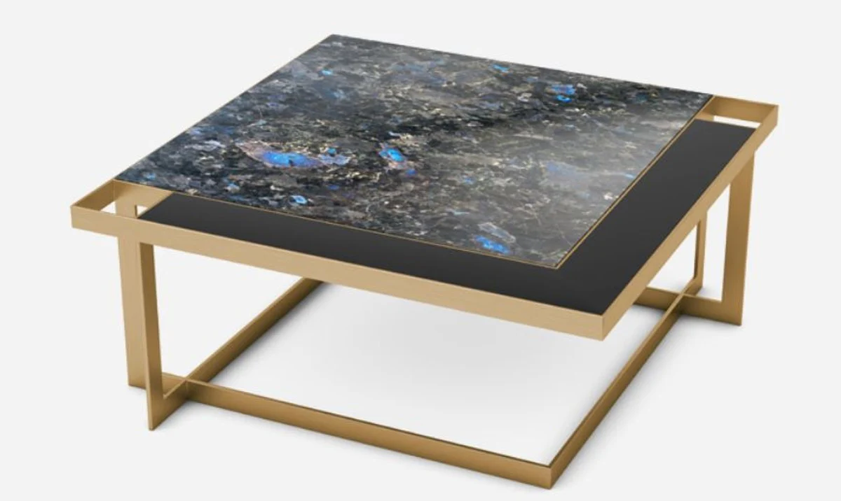 Luxury coffee table brass / blue-black / black 93 x 93 x H. 40 cm - Modern square living room table with granite top & glass top - Luxury living room furniture