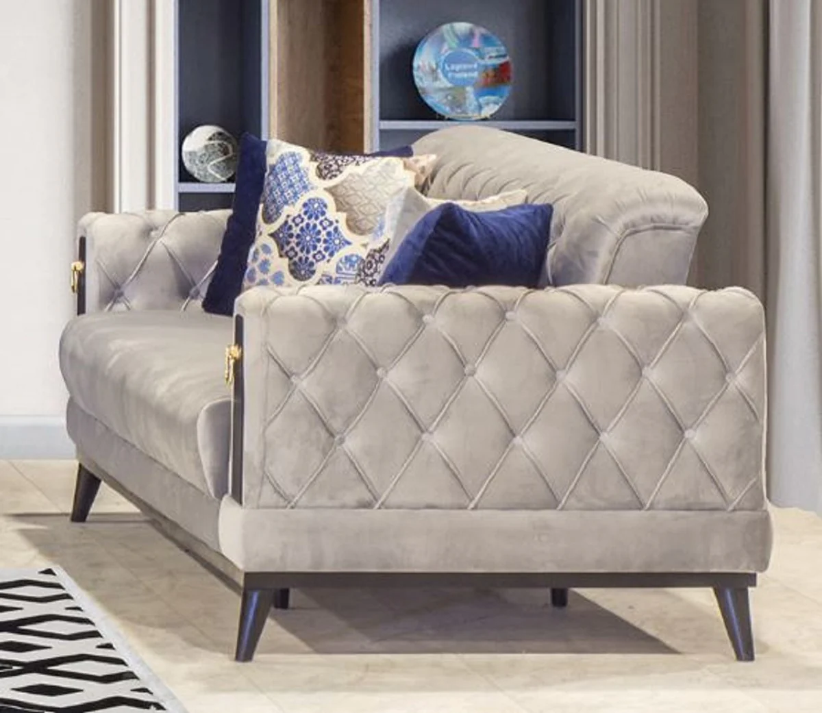 Chesterfield sofa bed gray / black / gold 222 x 90 x H. 80 cm - Modern living room sofa - Chesterfield furniture - Living room furniture