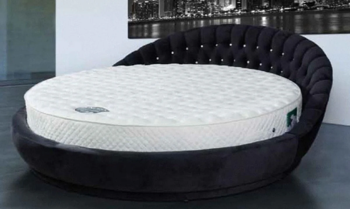 Luxury round bed black Ø 240 x H. 90 cm - Round double bed with rhinestones and mattress - Luxury bedroom furniture