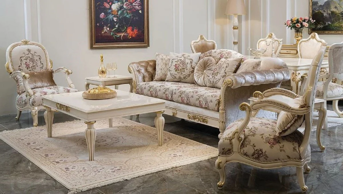 Luxus Barock Wohnzimmer Set Creme / Rosa / Weiß / Gold - 2 Sofas & 2 Sessel & 1 Couchtisch - Handgefertigte Wohnzimmer Möbel im Barockstil - Edel & Prunkvoll