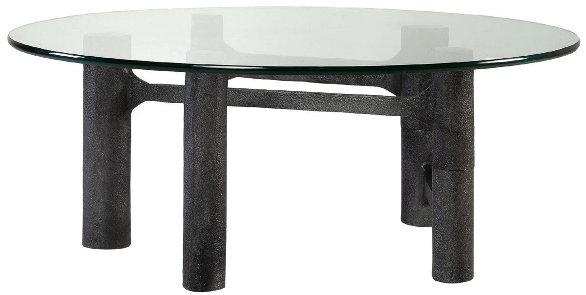 Luxury coffee table antique black Ø 110 x H. 40.5 cm - Round aluminum living room table with glass top - Living room furniture - Luxury furniture - Luxury furnishings