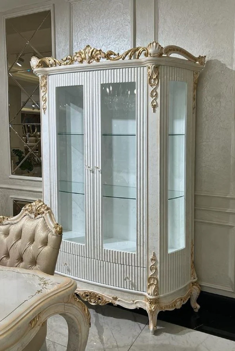 Luxury baroque display cabinet white / gold - handmade solid wood display cabinet with 2 glass doors and drawer - luxury furniture in baroque style - baroque furniture - noble & magnificent